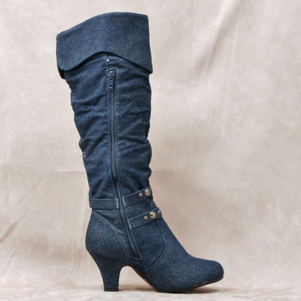 Distressed Denim Blue knee high boot Monica-01 - Picture 2 of 2